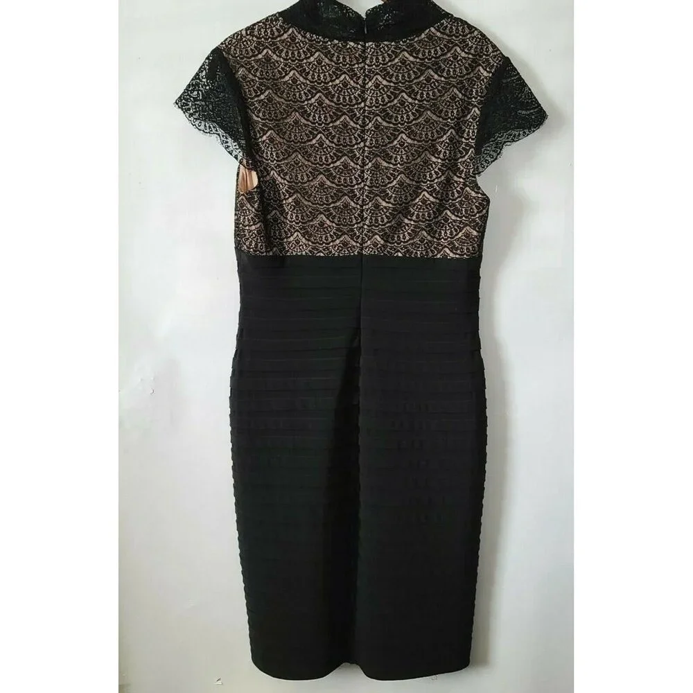 Adrianna Papell Lace Cocktail Dress Black Sz 8 Shutter Pleating Fitted V Neck - Picture 3 of 9